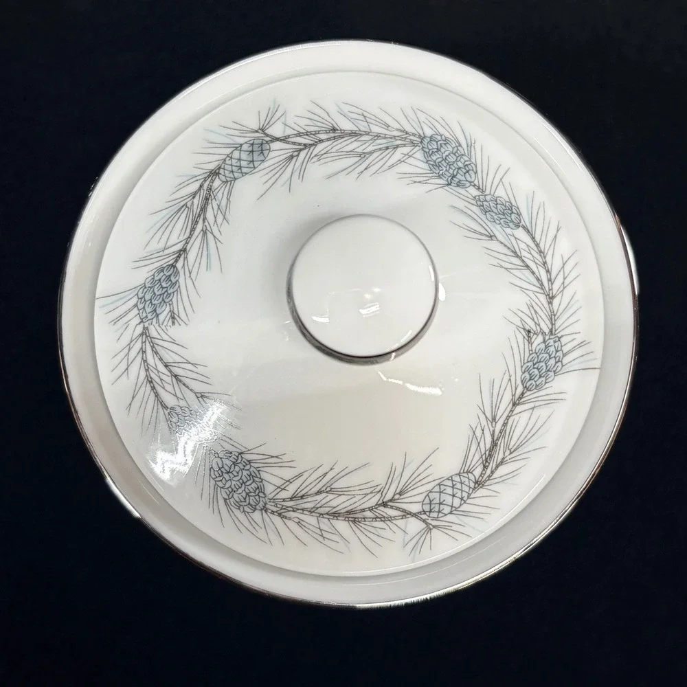 Style House Duchess Fine China Sugar Bowl Lid Japan Pine Cone Silver Trim White